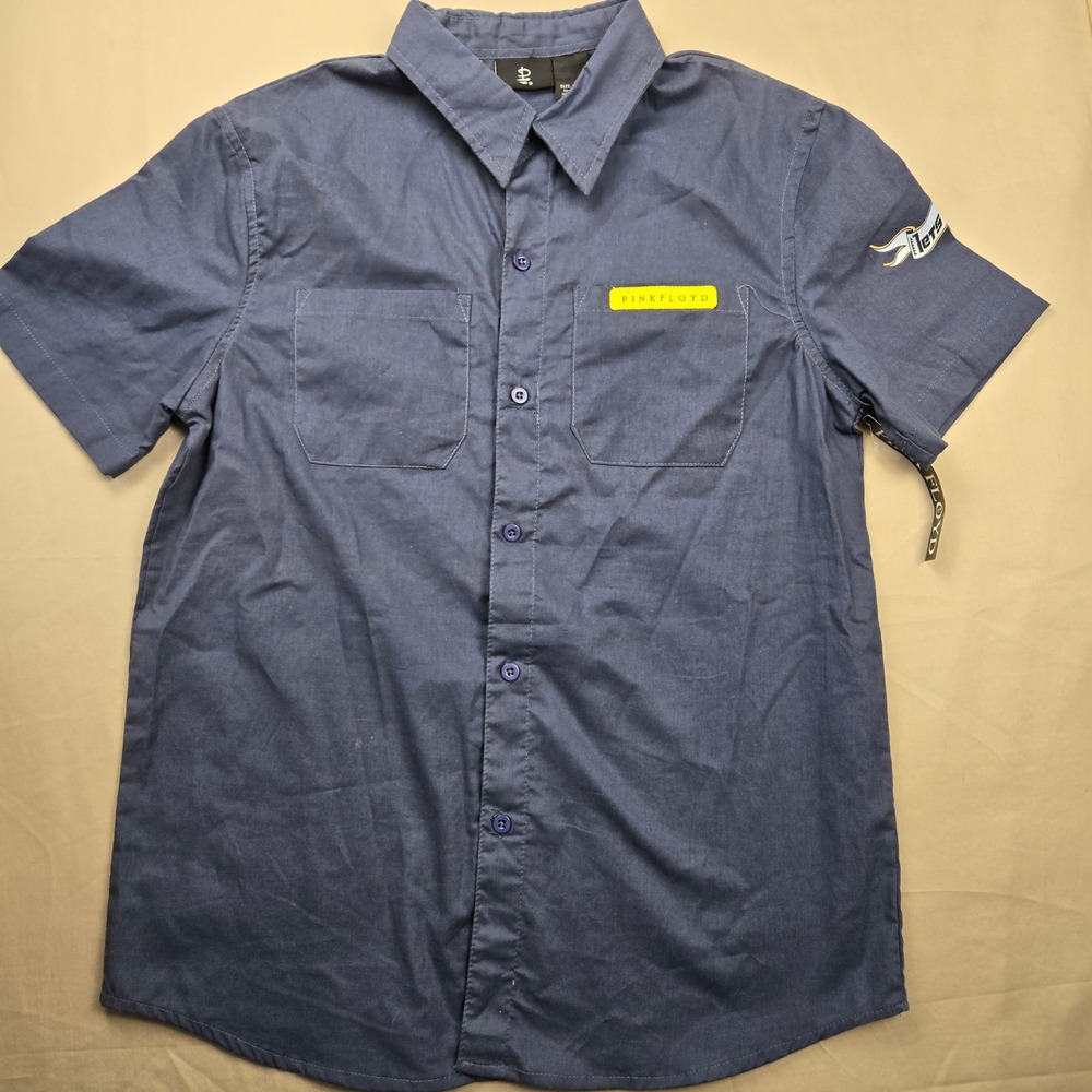 Pink Floyd Kids Button Up Shirt Navy Blue Short Sleeve Lets Rock Size 16/18 XL
